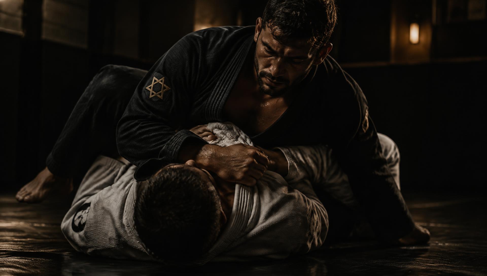 Two grapplers rolling on dark mats, one wearing a gi with a Star of David patch
